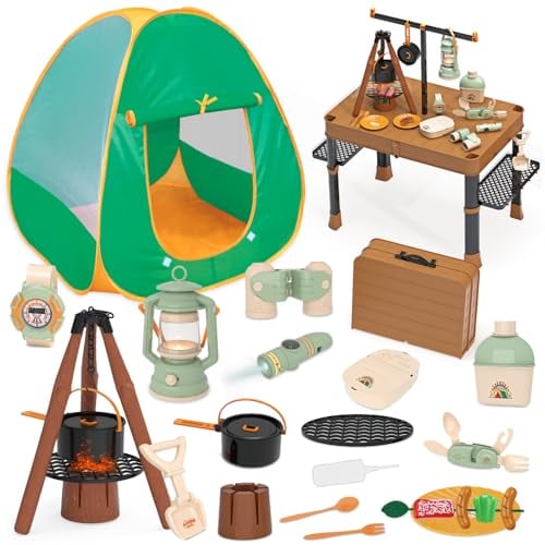 fisca 62PCS Kinder Spielzelt - Spielhaus Spielzelt für Kinder Spielzelte Campingzelt mit Campingausrüstung & Werkzeug, Abenteuer Camping Set für Kleinkinder Kinder Outdoor Indoor Garten Spielzelt