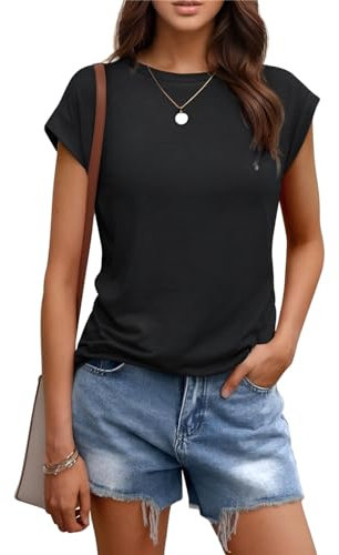 AirMood Womens Summer Casual Basic T-Shirt Tops Dressy Loose Fit Crewneck Cap Sleeve Tee Tshirts (Black,S)