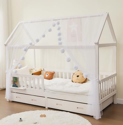 ALAVYA HOME® Betthimmel DEKO Set für HAUSBETT 3-TLG Set 2 x Betthimmel Länge: 340cm, Breite: 150cm und 1 x Groß Pompomkette Dekoset aus 100% Polyester GOTS Zertifiziert für Kinder - Weiß