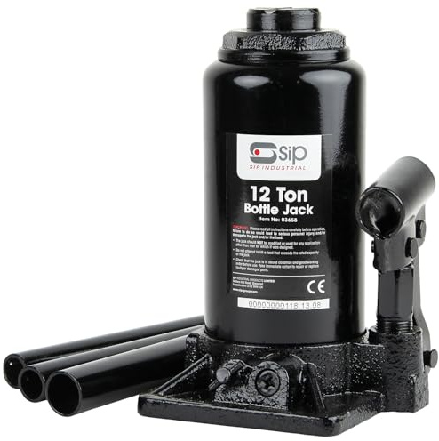 SIP 12 Ton Hydraulic Bottle Jack Car Van Workshop 210-415mm Lifting Range | 39mm Serrated Saddle, Heavy Vehicle Capacity, 142mm Ram Length, Cast Iron Base, Safety Valve, Wheel Changes, Garages