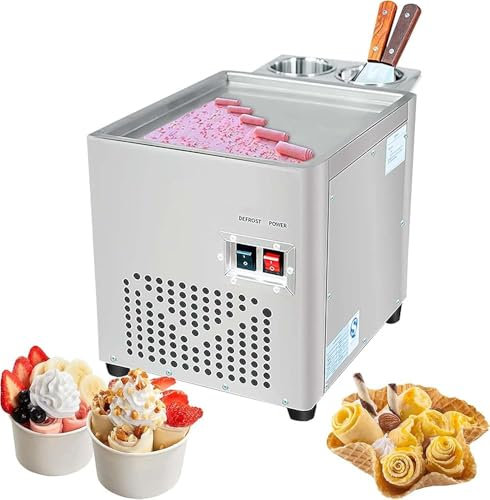 Commercial Rolled Ice Cream Machine, Stir-Fried Ice Cream Roll Machine with Single Square Pan, Stainless Steel Stir-Fried Ice Cream Roll Maker, Yogurt Cream Machine for Bars Cafe Dessert Shops