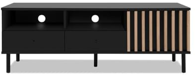 Meuble TV - MONZA - Noir / Chene artisan - 2 tiroirs, 2 niches ouvertes, 1 porte - 138 x 49 x 40 cm