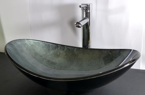 Nero Aufsatz Glas Waschschale grau blau oval Waschbecken Waschtisch Crushed Look Glaswaschbecken Bad WC