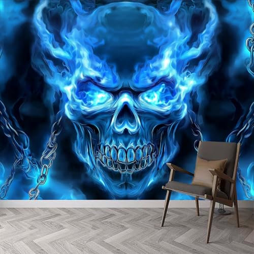 Art Photo Wallpaper Blue Flame Skull Non-Woven Photo Mural Living Room Bedroom Wall Mural Decoration - 200 x 140 cm Photo Mural- Living Room Sofa TV Background Wall Decor