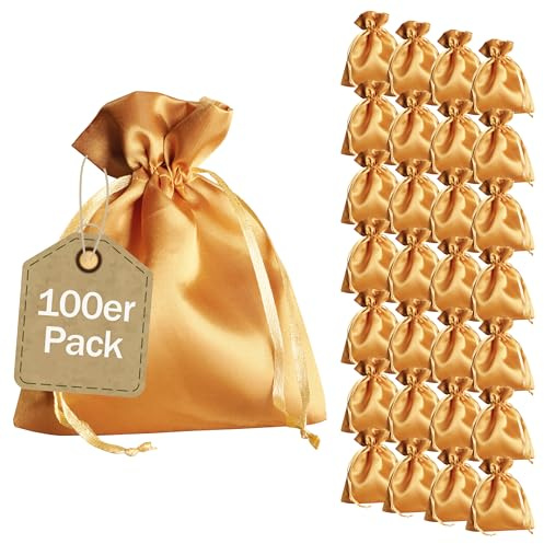 SPRINTIS Satinsäckchen gold, 10 x 13 cm (100 Stück) - edle Geschenkbeutel mit Satinband – wiederverwendbare Schmuckbeutel, perfekt für Weihnachten und Hochzeit