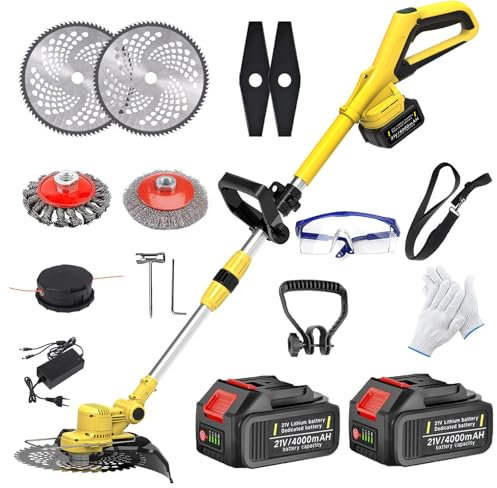 Akku Rasentrimmer mit 2 * 4,0Ah Akku und Unkrautbürste für Makita-Akku & Freischneider Akku–Motorsense Akku für Garten Rasen Trimming, 750w Bürstenloser Motor,180° Collapsible, 90° Trimmwinkel