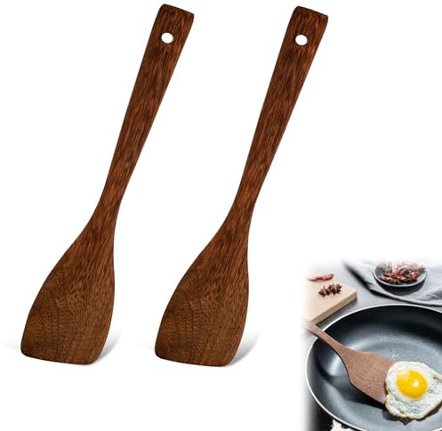 Set di 2 Spatole da Cucina in Legno Massiccio Scanalate, Resistenti al Calore per Pentole Antiaderenti,Utensili Essenziali per la Cottura