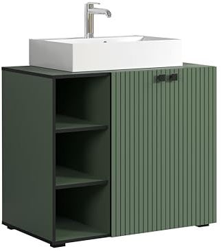 trendteam smart living - PureBliss - Waschbeckenunterschrank - Grün - Rillenoptik - 3 offene Fächer + 1 Einlegeboden + 60cm Aufsatzwaschbecken - (BxHxT) 90 x 91 x 53cm - edle Metallgriffe