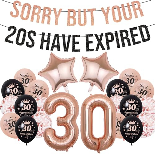 30th Birthday Decorations for Women - 23 Pcs Black Rose Gold 30 Party Decor | Sparkling Sorry But Your 20s Have Expired Banners Star Balloons Number 30 Balloon 30th Printed Birthday Balloons Kit