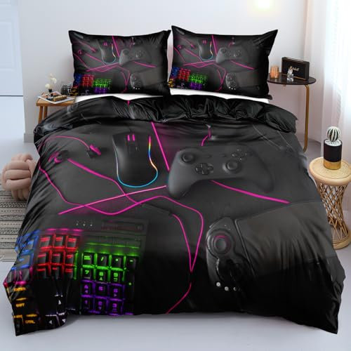 Luowei 3D Bettwäsche 135x200cm Spielthema Elektronische Spielgeräte Motive Bettwäsche Jugendliche Modern Mikrofaser Bettbezug mit Reißverschluss und 1 Kissenbezüge 80x80cm Schwarz