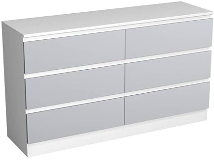 URBNLIVING Modern White Wooden Chest with Grey 6 Drawers for Bedroom or Office Storage Versatile Bedside Table and Stylish Cabinet for Organizing Clothes Accessories Work Place Supplies and Items