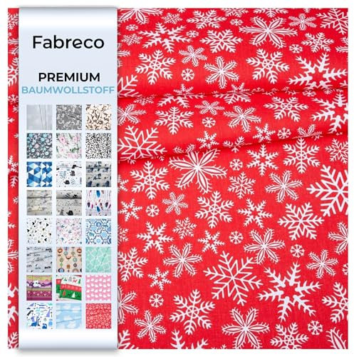 Fabreco - 100% Premium Baumwollstoff Meterware – Ihre Wunschlänge - Schneeflocke rot | 220 g/lfm – Weich, langlebig & hautfreundlich | Stoffe Zum Nähen & Dekoration | Stoff Meterware - Fabric