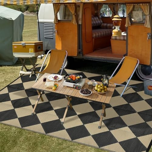 dainslef Outdoor-Teppich, Kunststoff, 25,4 x 35,6 cm, wasserdicht, wendbar, für Terrasse, Veranda, Hinterhof, Camping, Picknick, Wohnmobil, Pool, Deck, Strand, Anhänger, Rankgitter, Schwarz/Beige