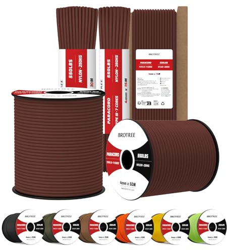 Brotree 4mm Paracord 550 7 Hebras Cuerda de Nylon 10M Tipo III Cuerda de Paracaídas para Supervivencia, Al Aire Libre, Bricolaje - 250kg Carga de Rotura (Marrón Chocolate)
