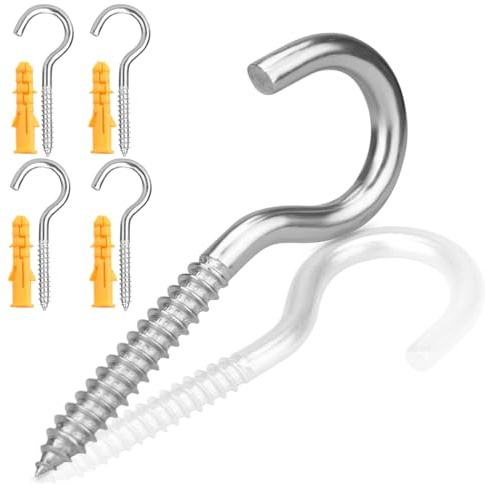 Garegce Screw-in Hooks in 304 Stainless Steel, 48 mm (1.89 inch) Heavy Duty Washing Line Hooks for Fence Post Rust Proof Wall Mount Screw with Plastic Plugs for Home Office Outdoor Garden, Wood - 4PCS
