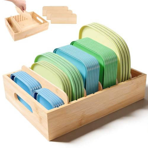 Niuny Tellerhalter Ständer Bambus Teller Organizer Schrank Deckel Organizer Küche Topfdeckelhalter Deckelhalter Blechhalter Geschirrständer Aus Bambus Mit 5 TrennwäNde Tellerregal Halter Holz