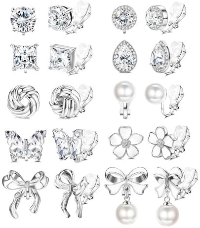 XFSRG 10 Paar Clip Ohrringe Damen und Mädchen Ohrclips ohne Ohrloch Hypoallergen Klipp Ohrringe Set mit Zirkonia Perlen und Blumen Schmetterling Designs Modeschmuck Geschenk (Silber)