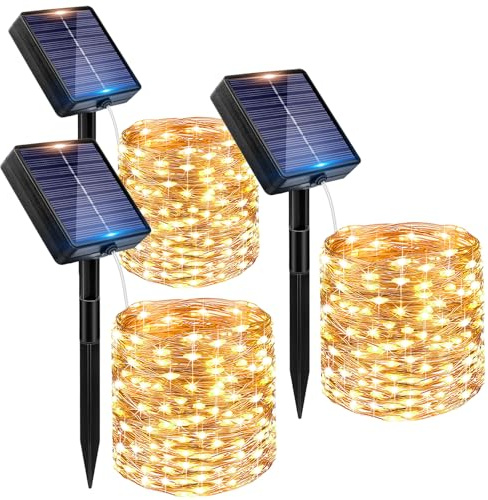 Peasur 3 Pack Solar String Lights Outdoor Garden Waterproof 40FT 120 LED | 8 Modes Solar Powered Fairy Lights, Copper Wire Tree Lights for Garden Yard Patio Party Christmas Decorations, Warm White