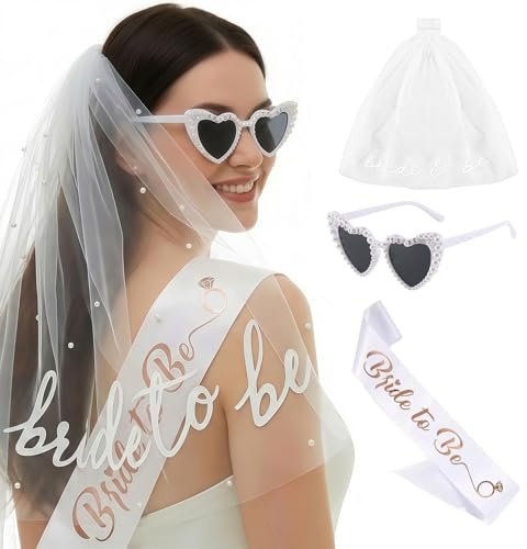 Vesavifaka JGA Accessori Donne, Set 3 Pezzi Velo Scherzo da Sposa, Fascia, Occhiali a Cuore con Perle, Decorazioni Addio al Nubilato per Matrimoni e Feste