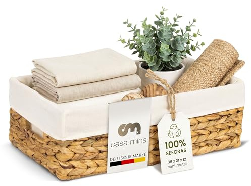 Casa Mina Korb Aufbewahrungskorb Bad L36xW21xH12cm 100% natürlich aus Wasserhyazinthe I Robuste Spielzeug Organizer für jeden Raum I Aufbewahrungsbox mit robustem Metallgestell