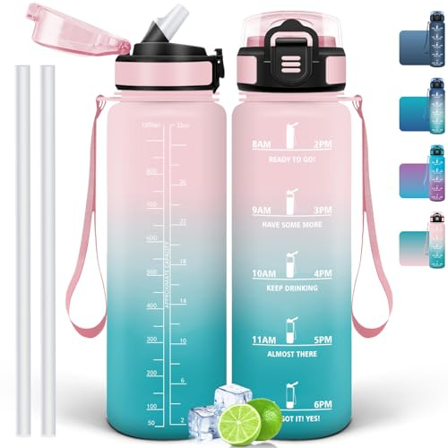 Mulbijeo Gourde Paille, Gourde 1000 ml, sans BPA & Étanches, Bouteille, Motivation Bouteille d'eau Rose et cyan