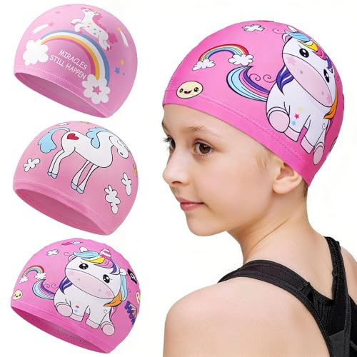 3 Pezzi Cuffia Piscina Bambino Forma di Unicorno, Cappello da Nuoto Rosa per Bambine, Taglia Versatile per Ragazze 1-7 Anni