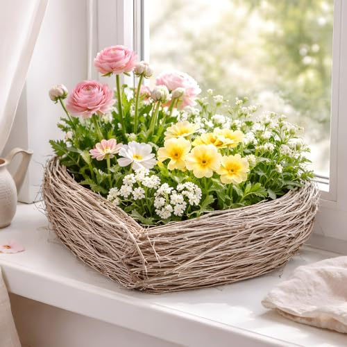 Dekoleidenschaft Pflanzschale Herz aus Weide & Reisig, grau, Pflanzkorb Ø 35 cm, rustikales Pflanzgefäß in Herzform, Blumenkorb, Pflanztopf, Balkon & Gartendeko