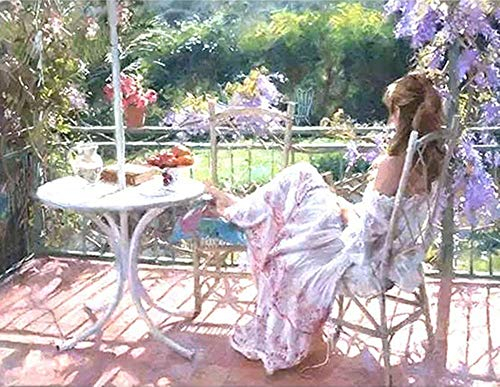YEESAM ART Paint by Numbers for Adults Beginners Pretty Girl & Garden Tea Time 16x20 inch Linen Canvas Acrylic DIY Number Painting Kits Wall Art Decor Gifts