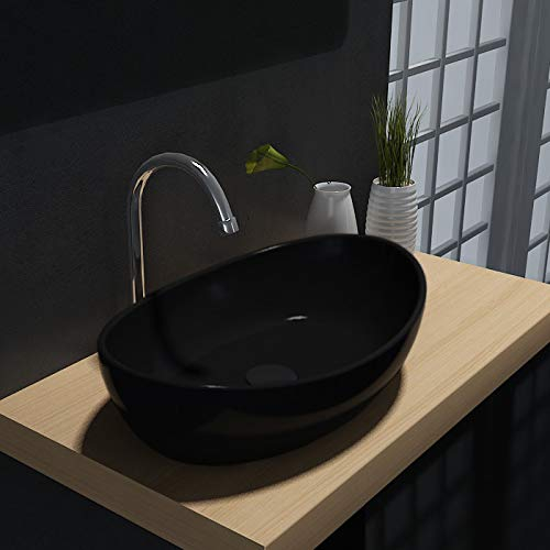 BERNSTEIN Waschbecken PB2004B Waschschale aus Mineralguss (Solid Stone), Oval 55 x 35 cm, Schwarz Matt, Pflegeleicht, Inkl. Pop-up-Ablaufventil, Hochwertiges Aufsatzwaschbecken,Waschschüssel