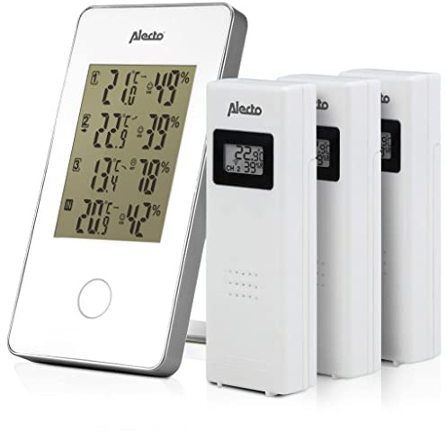 Alecto WS-1330 Funk-Thermometer mit 3 Außensensoren - Hygrometer - einfache Wetterstation - bis zu 30m Reichweite - weiß
