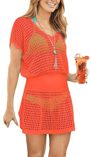 Bsubseach Women Hollow Out Beachwear Swim Cover Ups Short Sleeve V Neck Beach Vacation Tunic Dress Orange