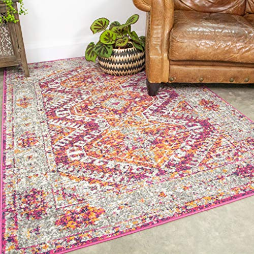 Traditional Aztec Pink Rug Distressed Vintage Orange Bohemian Living Room Area Bedroom Rugs 80cm x 150cm