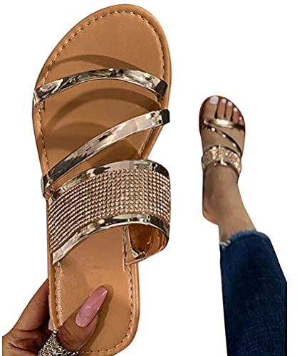 Minetom Damen Sandalen Sommer Strass Glitzer Zehentrenner Glänzend Sandaletten Flache Flip Flops Pantoletten Strand Schuhe D Gold 39 EU