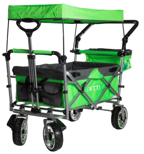 IMLEX Bollerwagen faltbar mit Dach IM-4268 Grün | Hohe Stabilität, 1X 3-Punkt Gurtsystem | Handwagen klappbar mit Schiebegriff ideal für 2 Kinder
