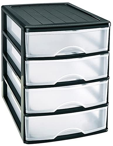 Plastic Desktop Storage Unit with Drawers, Stationary Arts Drawer Desktop Tabletop Organiser Storage Tower Unit for Office Bedroom Garage ((35.5 x 27 x 35cm, Black with 4 Clear Drawers))