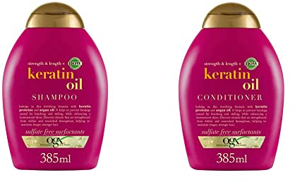 OGX Strength & Length + Keratin Oil Shampoo (385 ml) & Strength & Length + Keratin Oil Conditioner (385 ml), kräftigende Anti-Haarbruch Haarspülung mit Keratin Proteinen und Arganöl