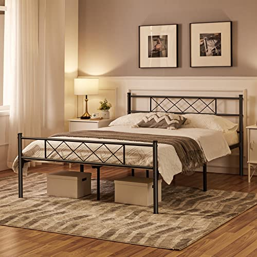 costoffs Double Bed Frame, Slatted Metal Bed Base with Cross-design Headboard & Footboard, Underbed Storage Space, Solid Iron Mattress Foundation, No Box Spring Needed, Black