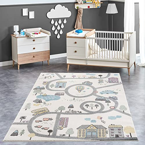 payé Teppich Kinderzimmer - Creme - 120x160cm -Straßenteppich Pastellfarben Spielteppich Kinderteppich Babyzimmer Kurzflor Weich