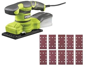 Pack RYOBI Ponceuse vibrante électrique 1/3 de feuille RSS200-GA20-280W - 10 abrasifs auto-agrippants