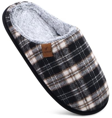 COFACE Herren Rückstellschaum hausschuhe, warme plaid Pantoffeln für manner, flauschig plüsch Gefüttert mit Rutschfeste Gummisohle Schwarz Weiß Größe 44EU