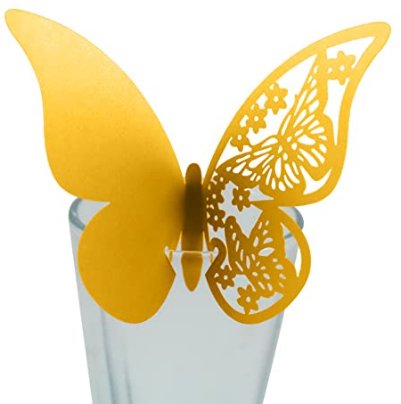 Surakey 50pcs Marque Place Mariage Cartons Décoration de Verre à Vin 3D Papillons Carte de Verre Marque Place de Papillon Ajouré Baptême Mariage Fêtes Décoration de Table (Jaune)