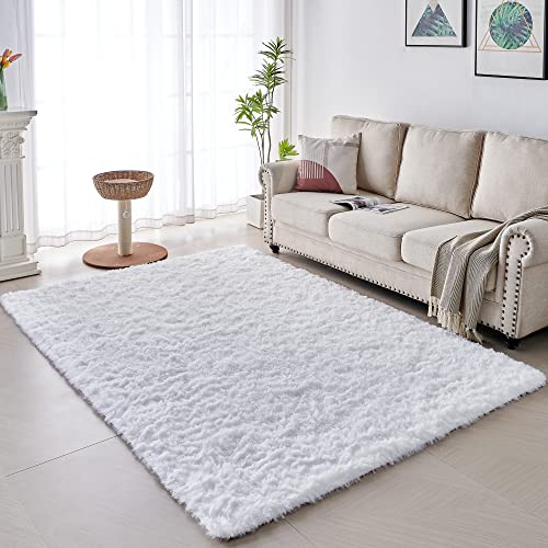 VOFUSHON Wohnzimmer Hochflor Teppich,Shaggy Flur Läufer Teppich Modern Flauschiger Weich Teppich Groß für Wohnzimmer Deko/Schlafzimmer/Kinderzimmer(200 x 300 cm,Reines Weiß)