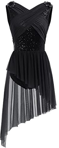 Ballettkleidung Damen Tanzkleid Ärmellos U-Rücken Glitzer Pailletten Blume Ballett Body Ballettanzug Asymmetrischer Tüllkleid Ballettkleid Salsa Ballerina Dancewear Eiskunstlauf Kleid Schwarz L