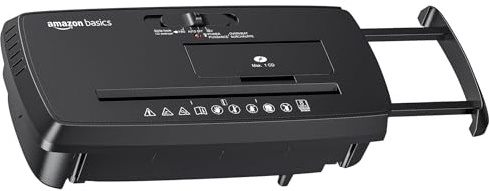Amazon Basics 8-Sheet Strip Cut Portable Paper, CD, and Credit Card Shredder with Auto-Off, Overheat Protection, Compact Design, No Basket, Extendable Arm, Black