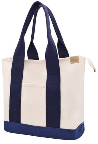 Damen Mittelgroß Handtasche Canvas Satchel Tote Bag Schultertasche Patchwork Design Shopper für Bücher Alltag Arbeit BlauWeiß
