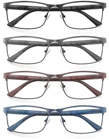 MODFANS 4er-Pack Lesebrille Herren Blaulichtfilter Metallrahmen Rechteck Stil Edelstahl Material