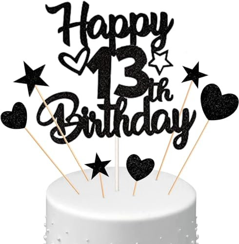 Conruich Tortendeko 13. Geburtstag Jungen, Kuchendeko Happy 13th Birthday Schwarz, Glitzer Kuchen Topper 13. Geburtstag Ballons Konfetti Papierfächer für Geburtstagstorte Deko 13 Jahre Junge Mädchen