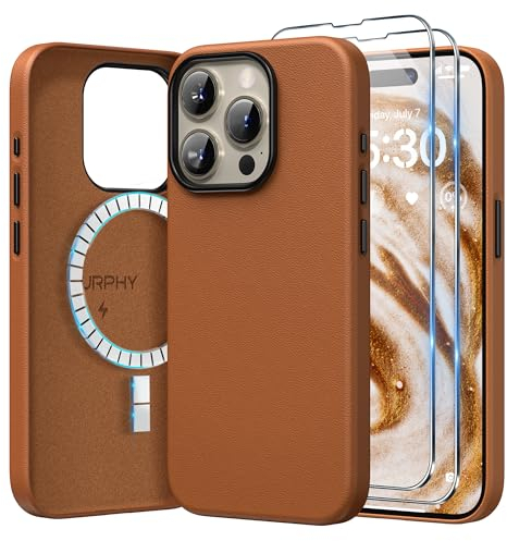 SURPHY Cover MagSafe in Pelle per iPhone 15 pro max con 2 Vetro Temperato(6,7''),Custodia Magnetica Inrealizzata in Pelle Pregiata per iPhone 15,Case Ultra-sottile, Custodia Protettiva (Marrone)