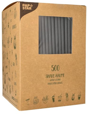 PAPSTAR 500 Papier Shake-Halme Schwarz, Ø 8 mm 25 cm lang | Bis 60 Minuten formstabil bei max. 23 °C – ideal für Shakes, Cocktails & Partys