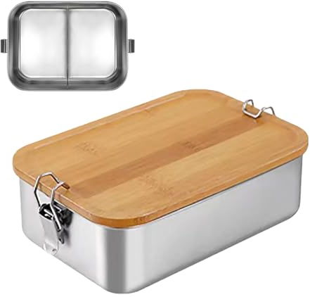 Bento Lunchbox für Erwachsene/Kinder, Edelstahl Brotdose, Brotzeitdose mit 2 Fächern/3 Fächern, Metalldose mit Holzdeckel, BPA-frei Metall Brotbox, Frühstücksbox für Schule/Ausflüge (1500ML,2 Fächern)